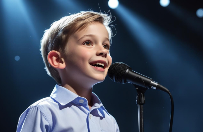  boy standing next to a microphone